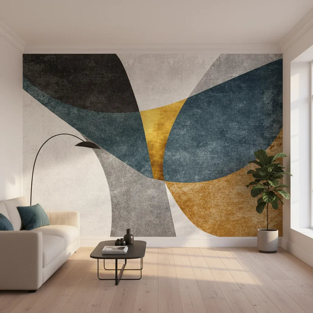 Petal Facets bold navy and gold geometric in a warm and inviting living room