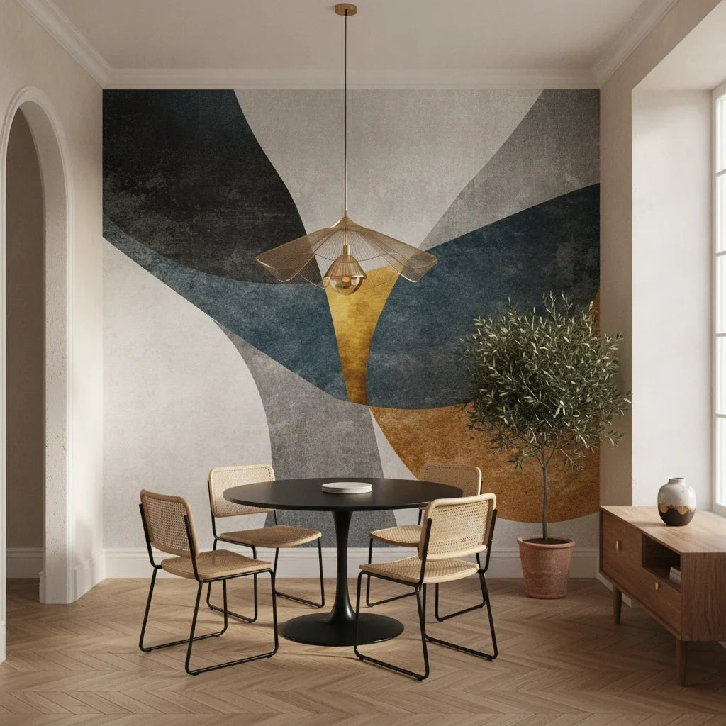 Petal Facets bold navy and gold geometric adding character to a cozy bedroom
