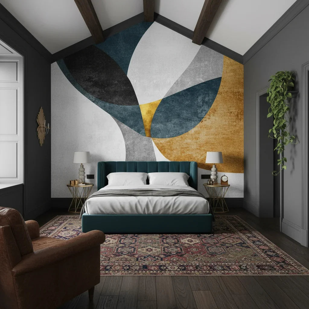 Petal Facets bold navy and gold geometric as a feature wall in a bright home office