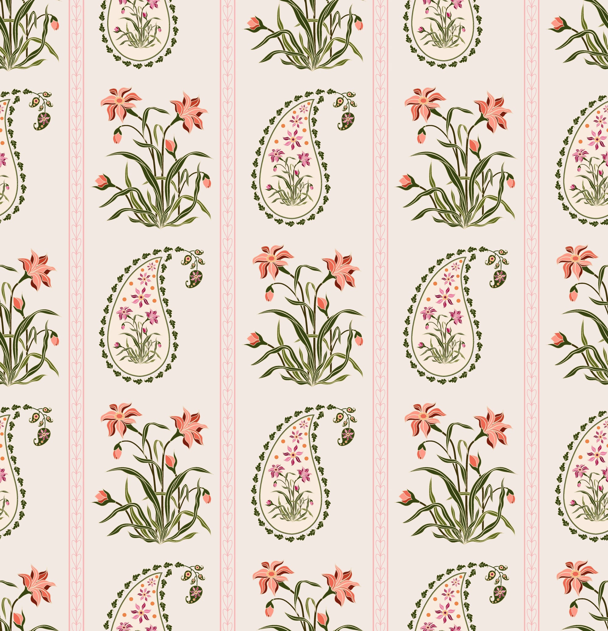 Matte peel and stick wallpaper with coral paisley floral stripes - Petal Procession