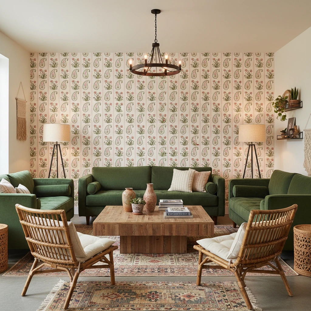 Petal Procession bohemian coral paisley wallpaper in a warm and inviting living room