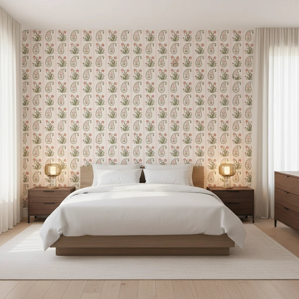 Petal Procession bohemian coral paisley wallpaper adding character to a cozy bedroom