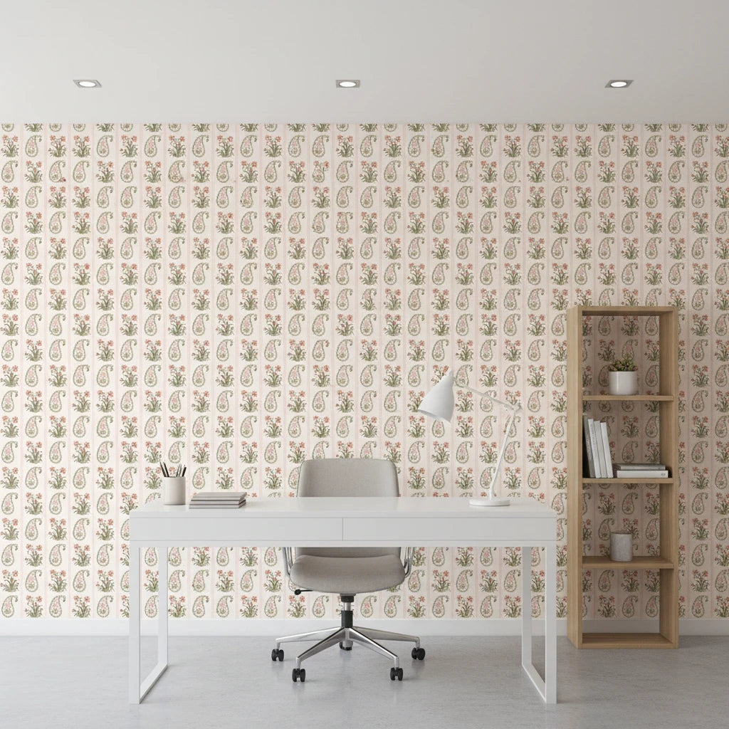 Petal Procession bohemian coral paisley wallpaper as a feature wall in a bright home office