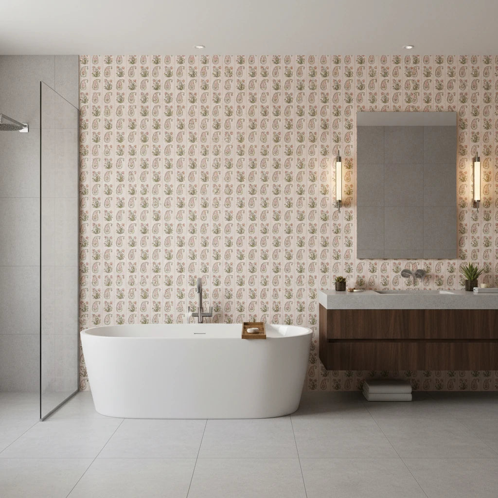 Petal Procession bohemian coral paisley wallpaper creating ambiance in a serene bathroom