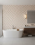 Petal Procession bohemian coral paisley wallpaper creating ambiance in a serene bathroom