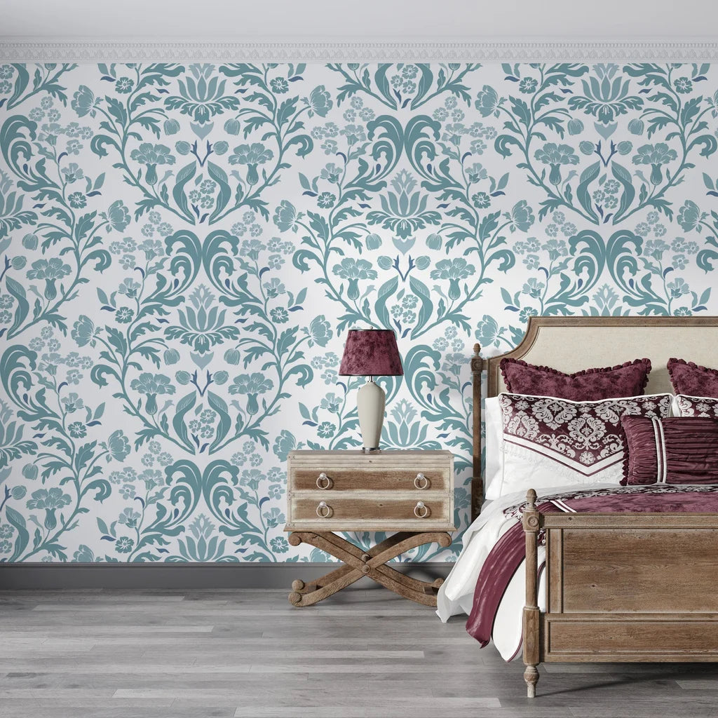 Teal and white Petal Reflection damask wallpaper on bedroom accent wall with vintage furnishings