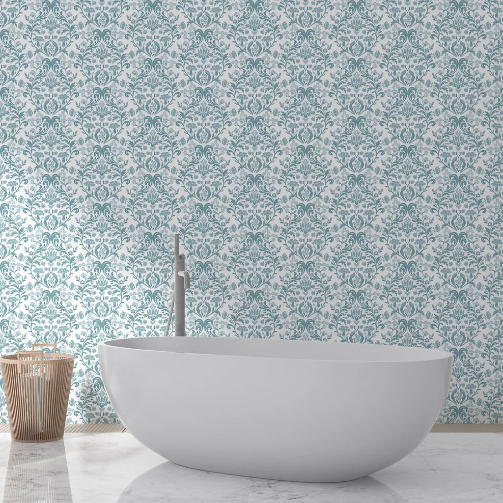 Teal and white Petal Reflection damask wallpaper behind modern bathroom freestanding tub
