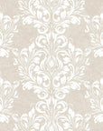 Classic Petal Symphony damask wallpaper featuring white ornate scrollwork on warm beige textured background