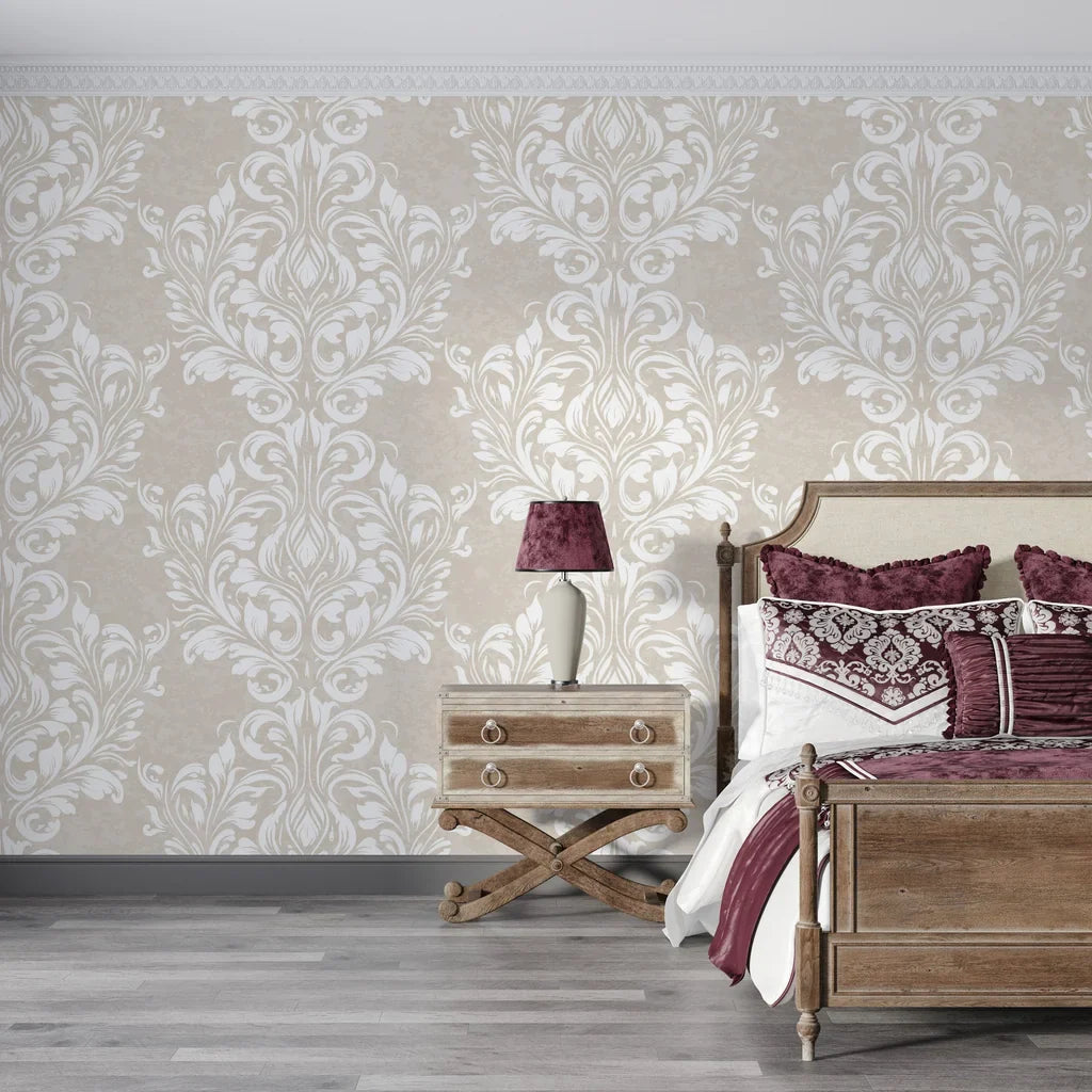 Beige and white Petal Symphony damask wallpaper creates elegant backdrop in traditional bedroom setting