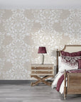 Beige and white Petal Symphony damask wallpaper creates elegant backdrop in traditional bedroom setting