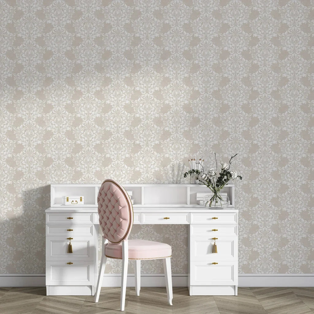 Beige and silver Petal Symphony damask wallpaper in elegant vanity room setting