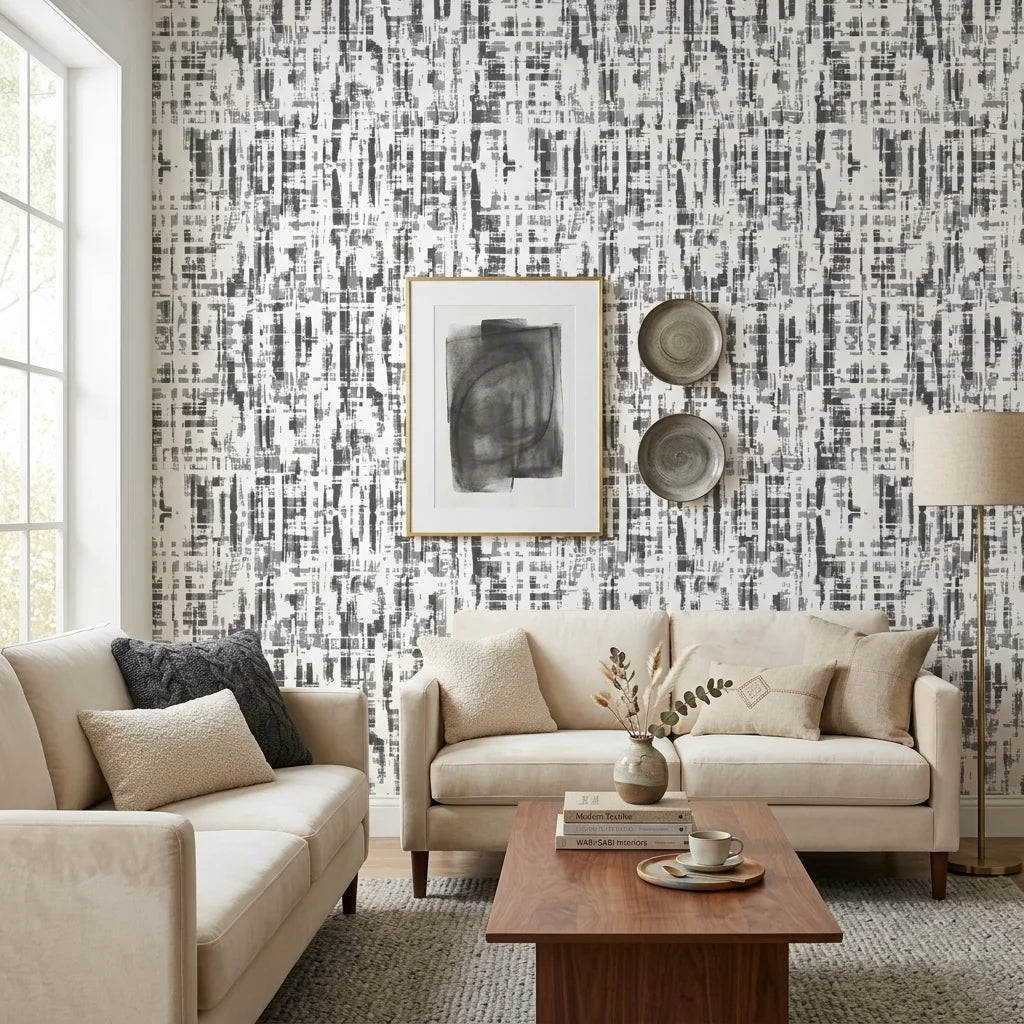 Pewter Array modern abstract grey peel and stick wallpaper in a warm and inviting living room