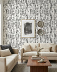 Pewter Array modern abstract grey peel and stick wallpaper in a warm and inviting living room