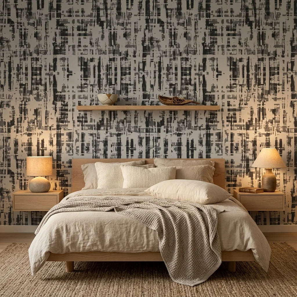 Pewter Array modern abstract grey peel and stick wallpaper adding character to a cozy bedroom