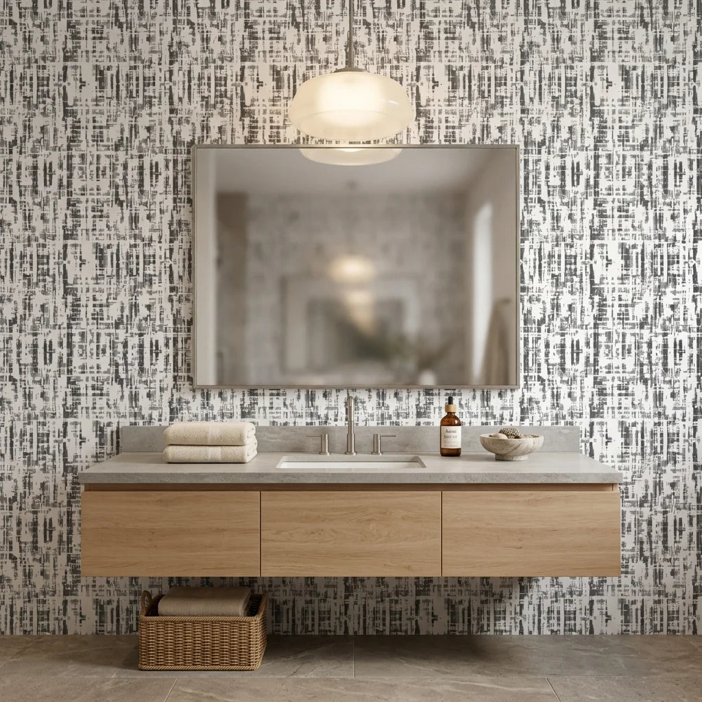 Pewter Array modern abstract grey peel and stick wallpaper creating ambiance in a serene bathroom
