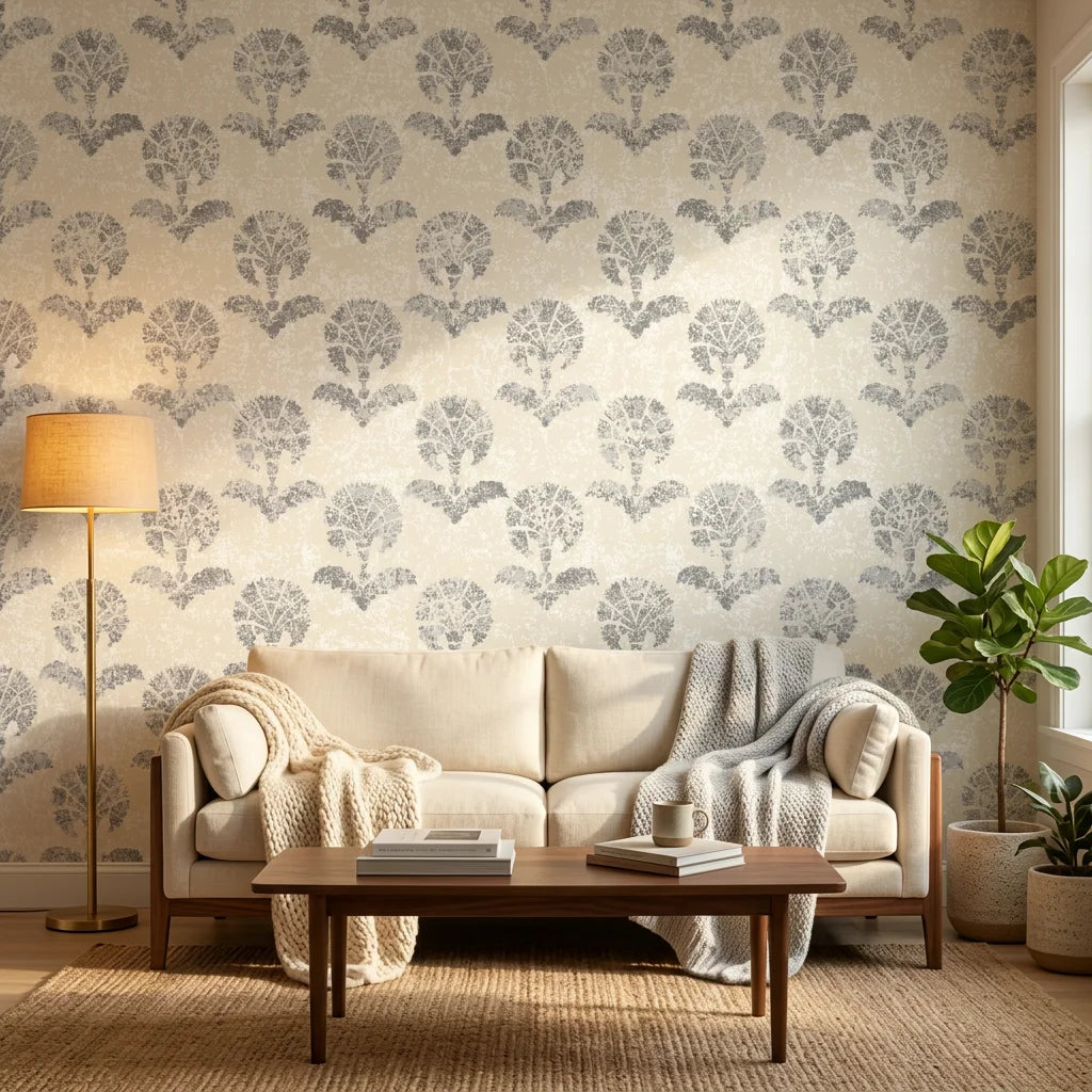 Pewter Bough neutral floral peel and stick wallpaper in a warm and inviting living room