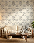 Pewter Bough neutral floral peel and stick wallpaper in a warm and inviting living room