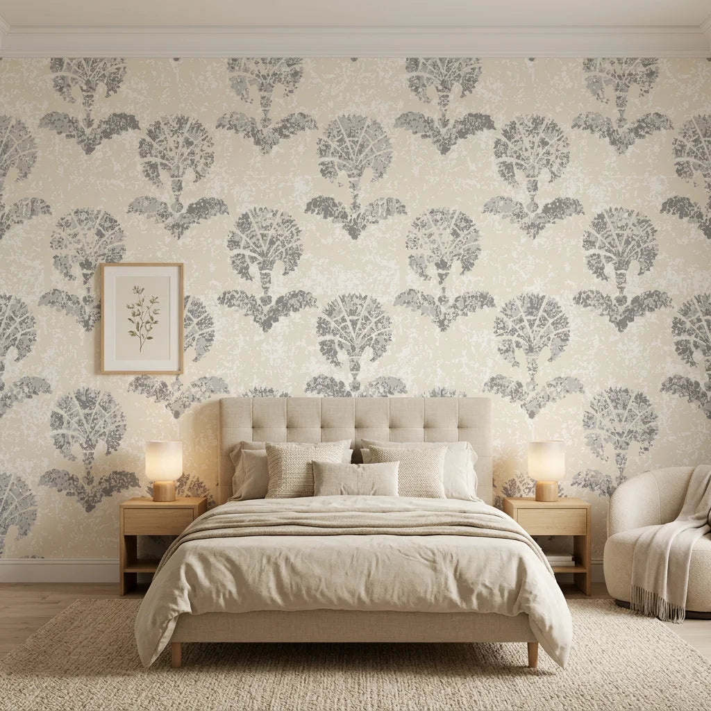 Pewter Bough neutral floral peel and stick wallpaper adding character to a cozy bedroom