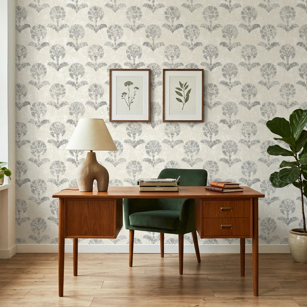 Pewter Bough neutral floral peel and stick wallpaper as a feature wall in a bright home office