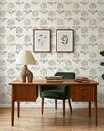 Pewter Bough neutral floral peel and stick wallpaper as a feature wall in a bright home office