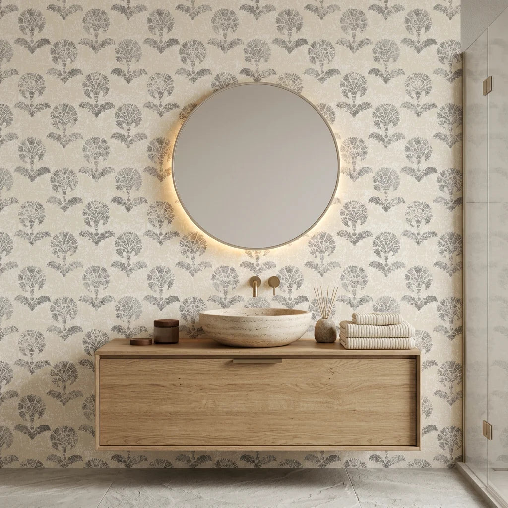 Pewter Bough neutral floral peel and stick wallpaper creating ambiance in a serene bathroom