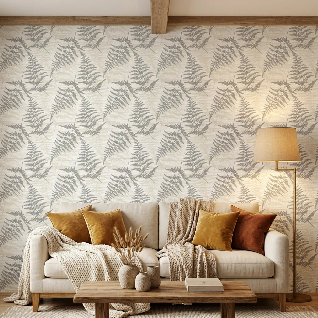 Pewter Fern neutral botanical peel and stick wallpaper in a warm and inviting living room