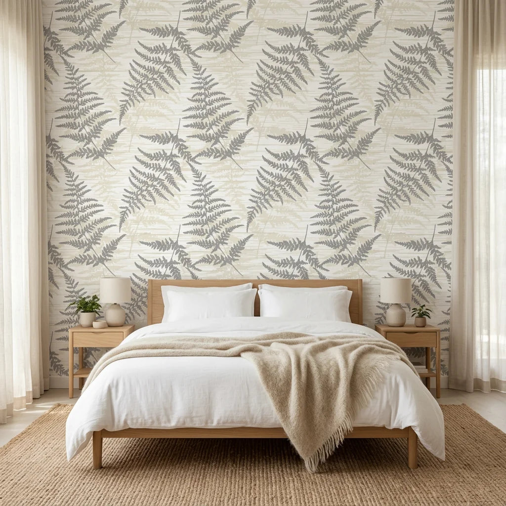 Pewter Fern neutral botanical peel and stick wallpaper adding character to a cozy bedroom