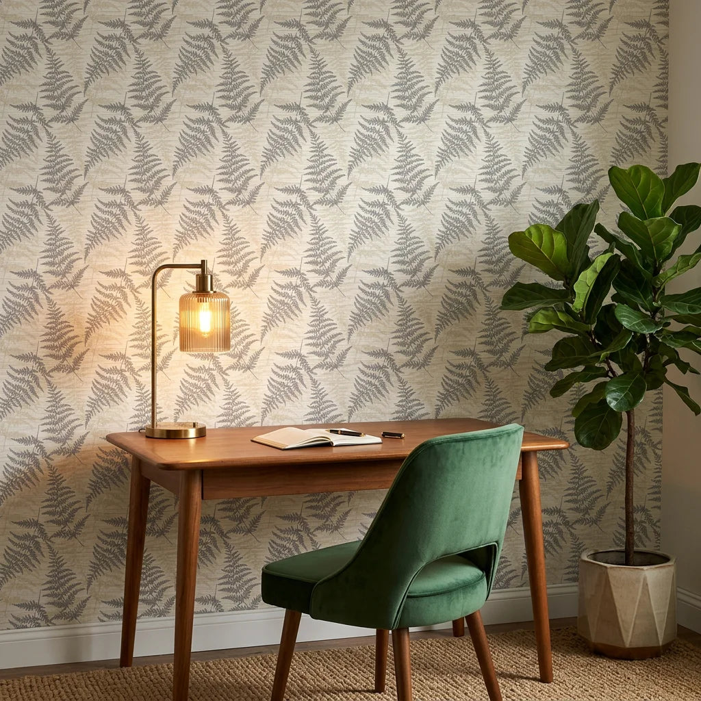 Pewter Fern neutral botanical peel and stick wallpaper as a feature wall in a bright home office