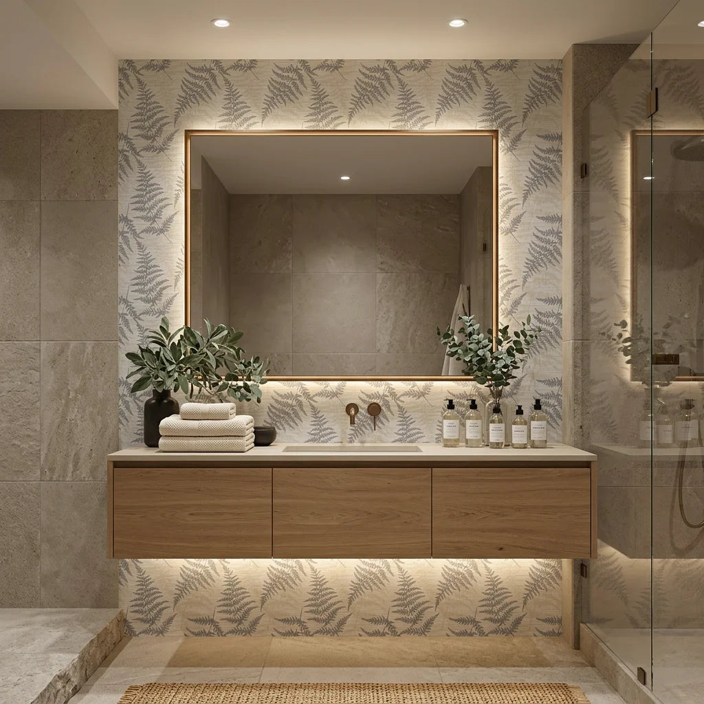 Pewter Fern neutral botanical peel and stick wallpaper creating ambiance in a serene bathroom