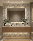 Pewter Fern neutral botanical peel and stick wallpaper creating ambiance in a serene bathroom