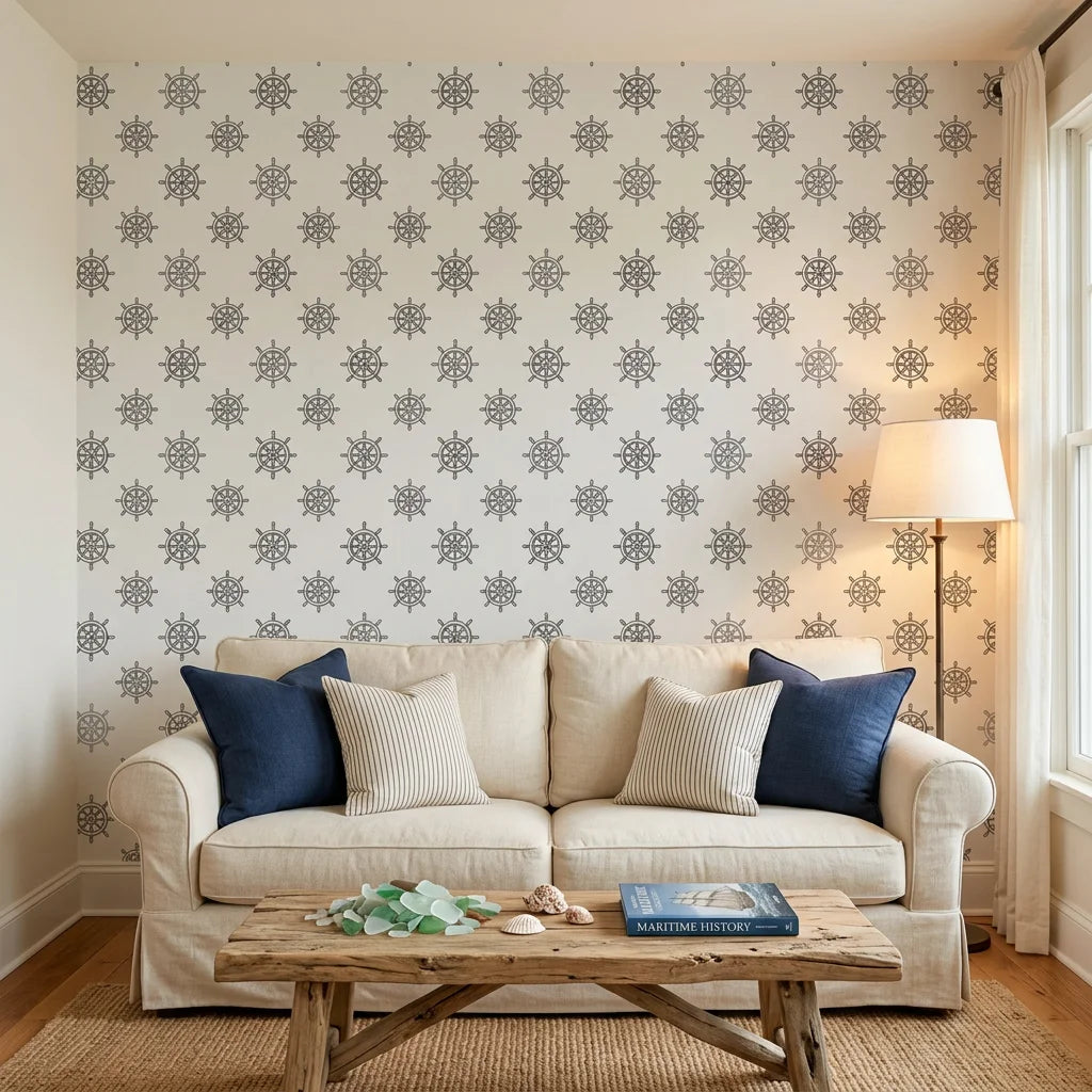 Pewter Helm grey nautical ship wheel wallpaper in a warm and inviting living room