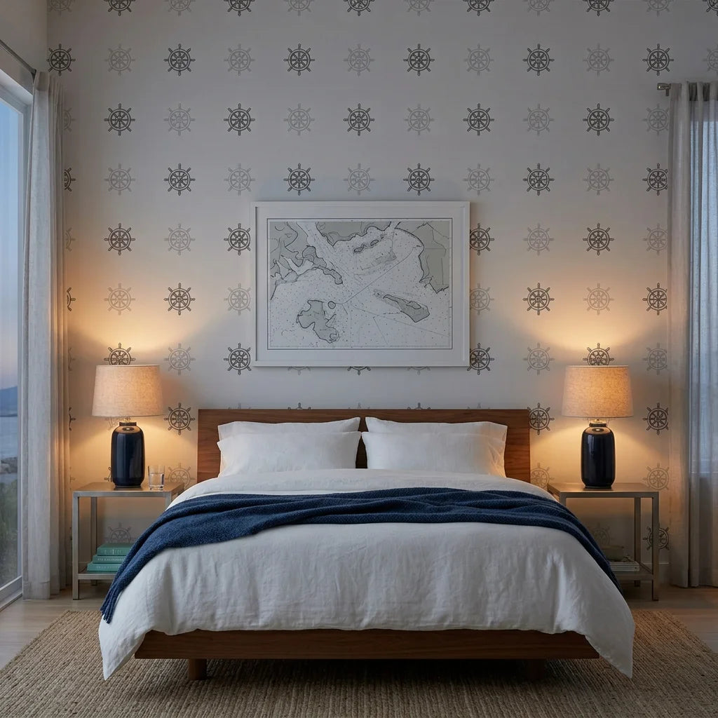 Pewter Helm grey nautical ship wheel wallpaper adding character to a cozy bedroom