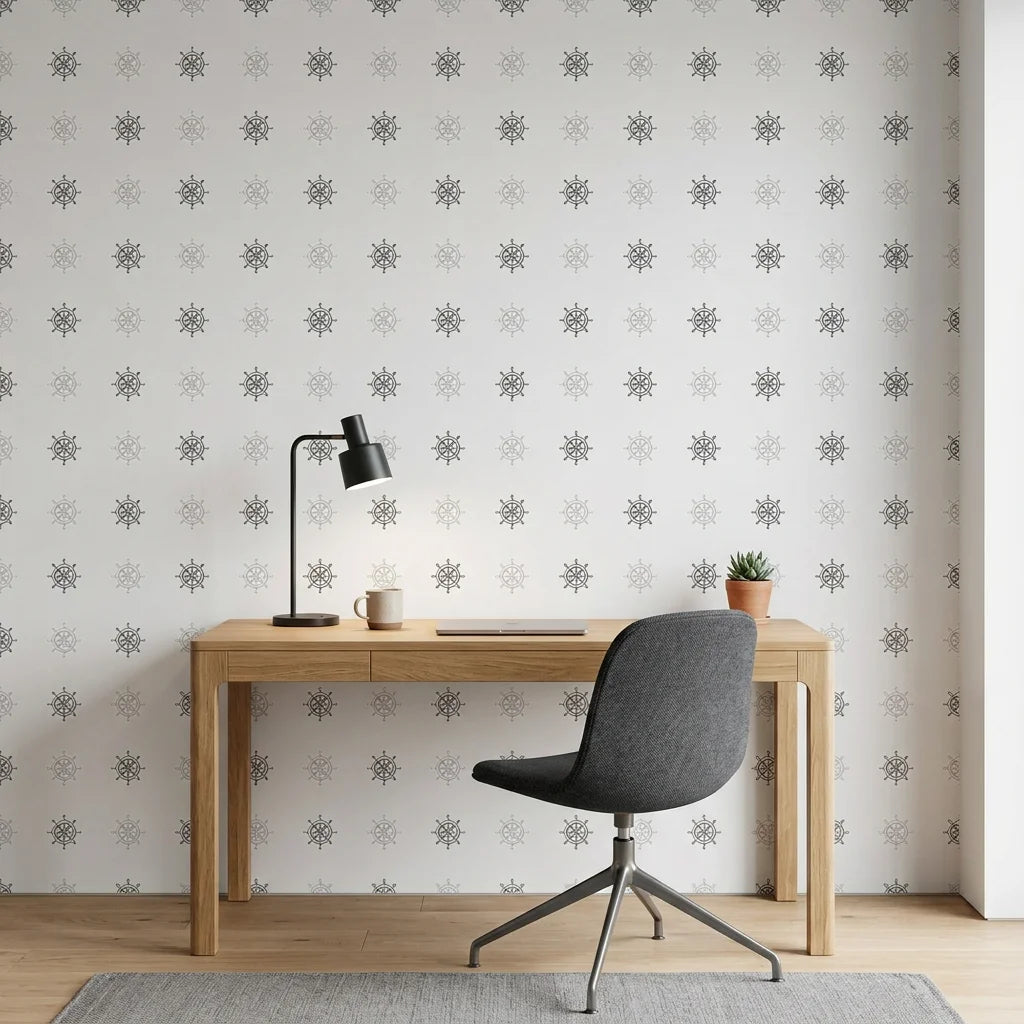 Pewter Helm grey nautical ship wheel wallpaper as a feature wall in a bright home office
