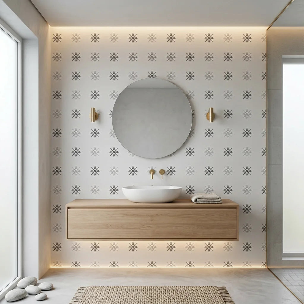 Pewter Helm grey nautical ship wheel wallpaper creating ambiance in a serene bathroom