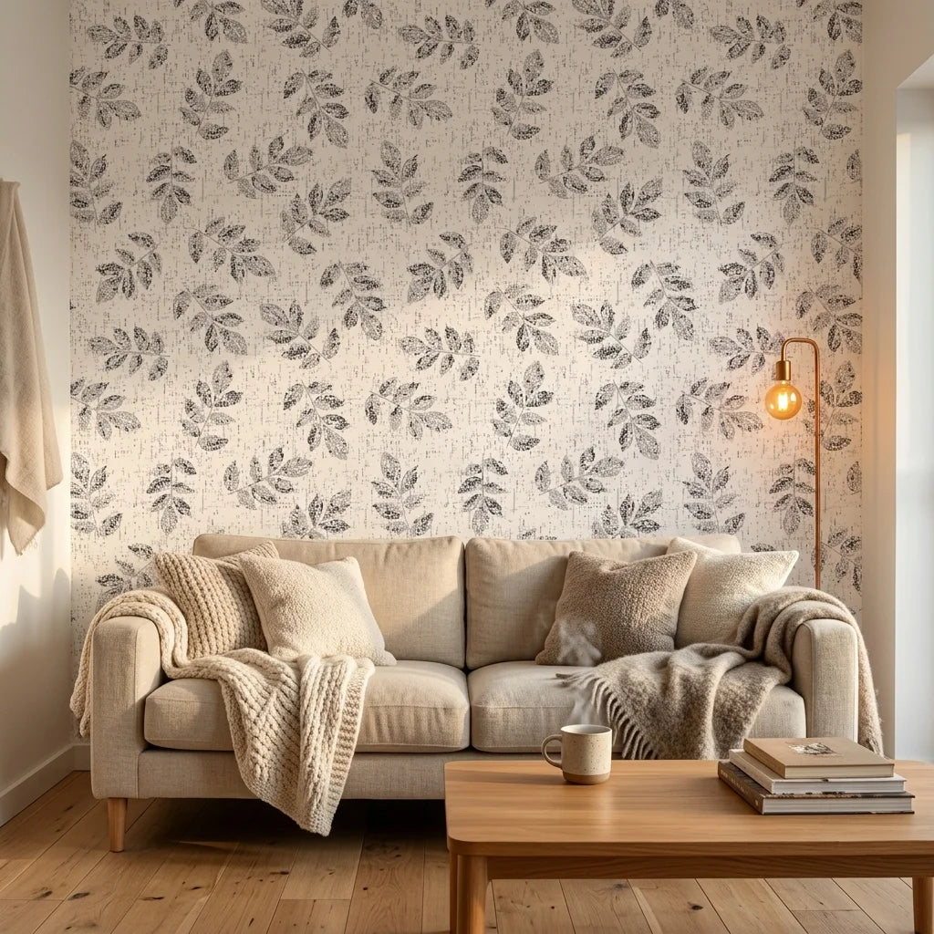 Pewter Leaf textured gray botanical wallpaper in a warm and inviting living room