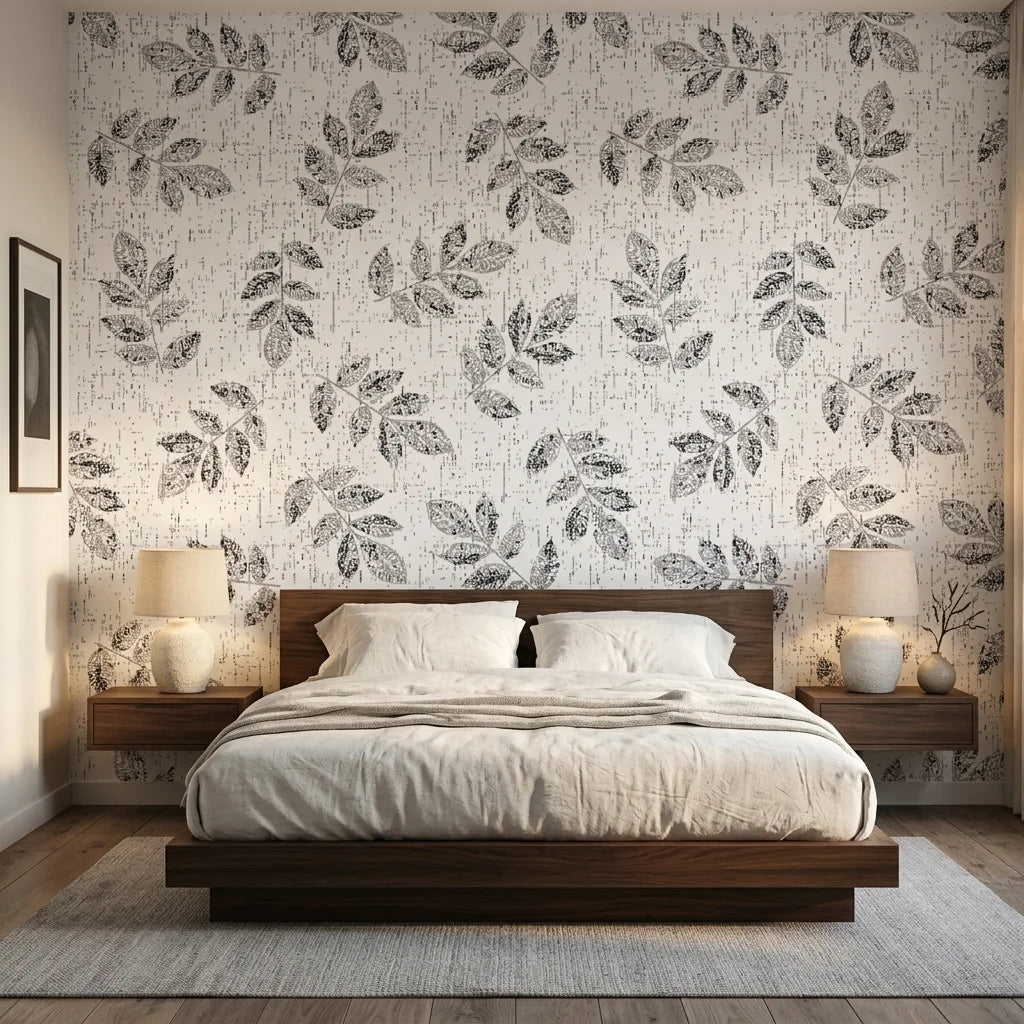 Pewter Leaf textured gray botanical wallpaper adding character to a cozy bedroom