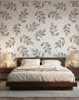 Pewter Leaf textured gray botanical wallpaper adding character to a cozy bedroom