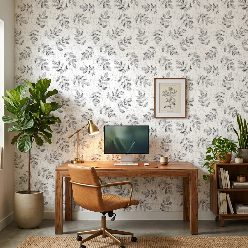 Pewter Leaf textured gray botanical wallpaper as a feature wall in a bright home office