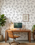 Pewter Leaf textured gray botanical wallpaper as a feature wall in a bright home office