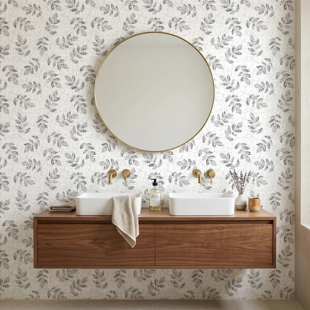 Pewter Leaf textured gray botanical wallpaper creating ambiance in a serene bathroom