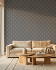Pewter Medallion grey and gold celtic knot wallpaper creating ambiance in a serene bathroom