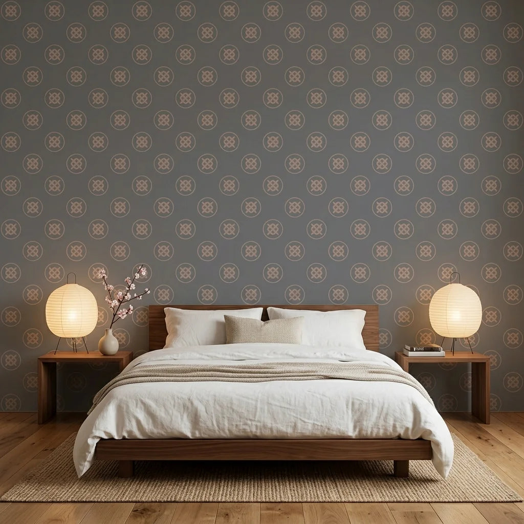 Pewter Medallion grey and gold celtic knot wallpaper in a warm and inviting living room