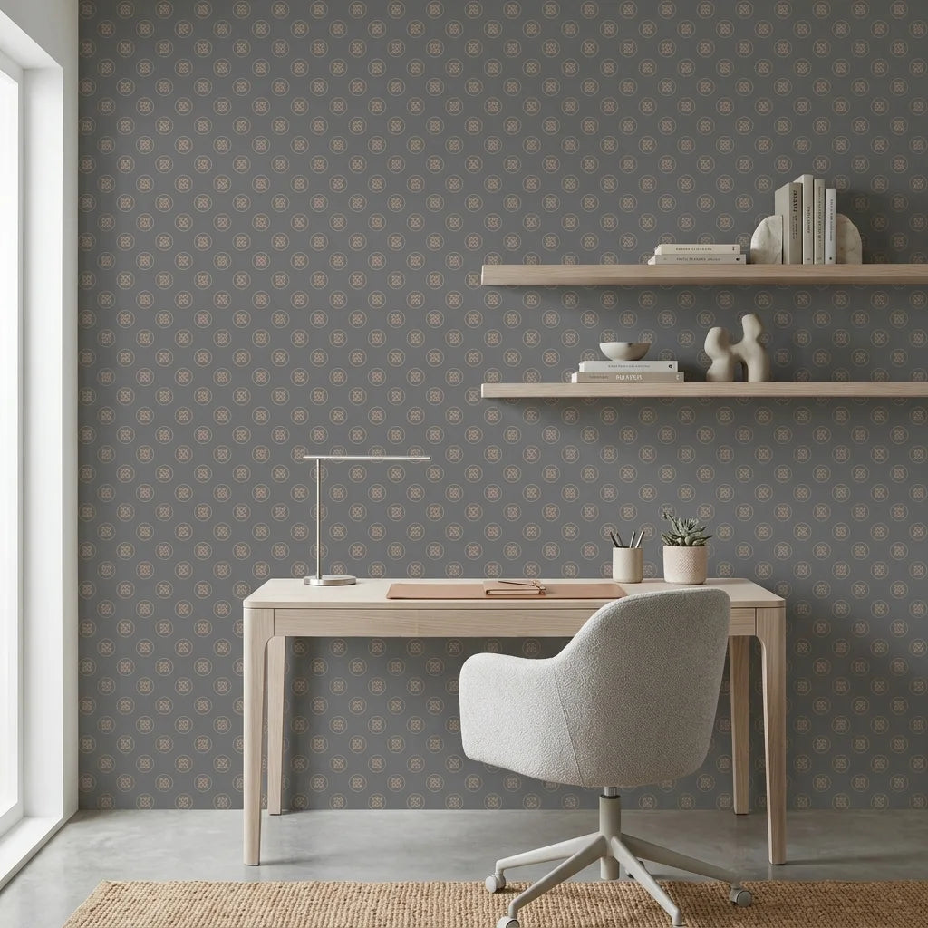 Pewter Medallion grey and gold celtic knot wallpaper adding character to a cozy bedroom
