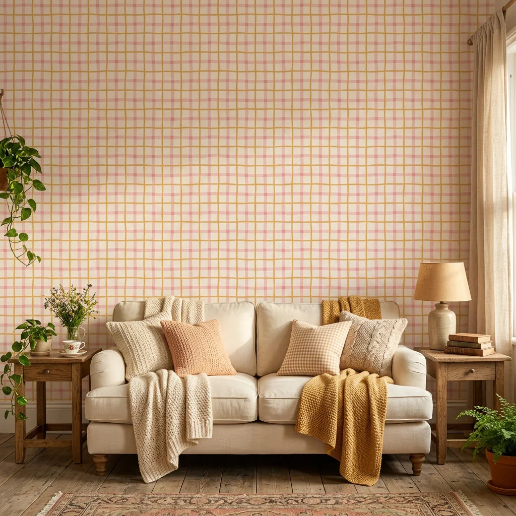 Picnic Check yellow and pink plaid wallpaper in a warm and inviting living room