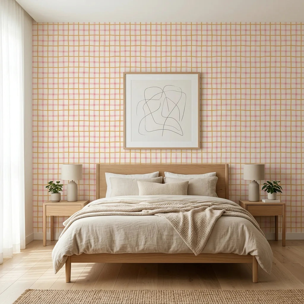 Picnic Check yellow and pink plaid wallpaper adding character to a cozy bedroom