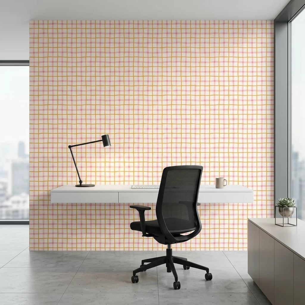 Picnic Check yellow and pink plaid wallpaper as a feature wall in a bright home office