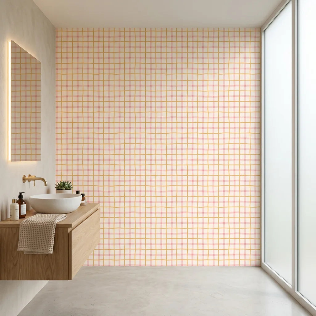 Picnic Check yellow and pink plaid wallpaper creating ambiance in a serene bathroom