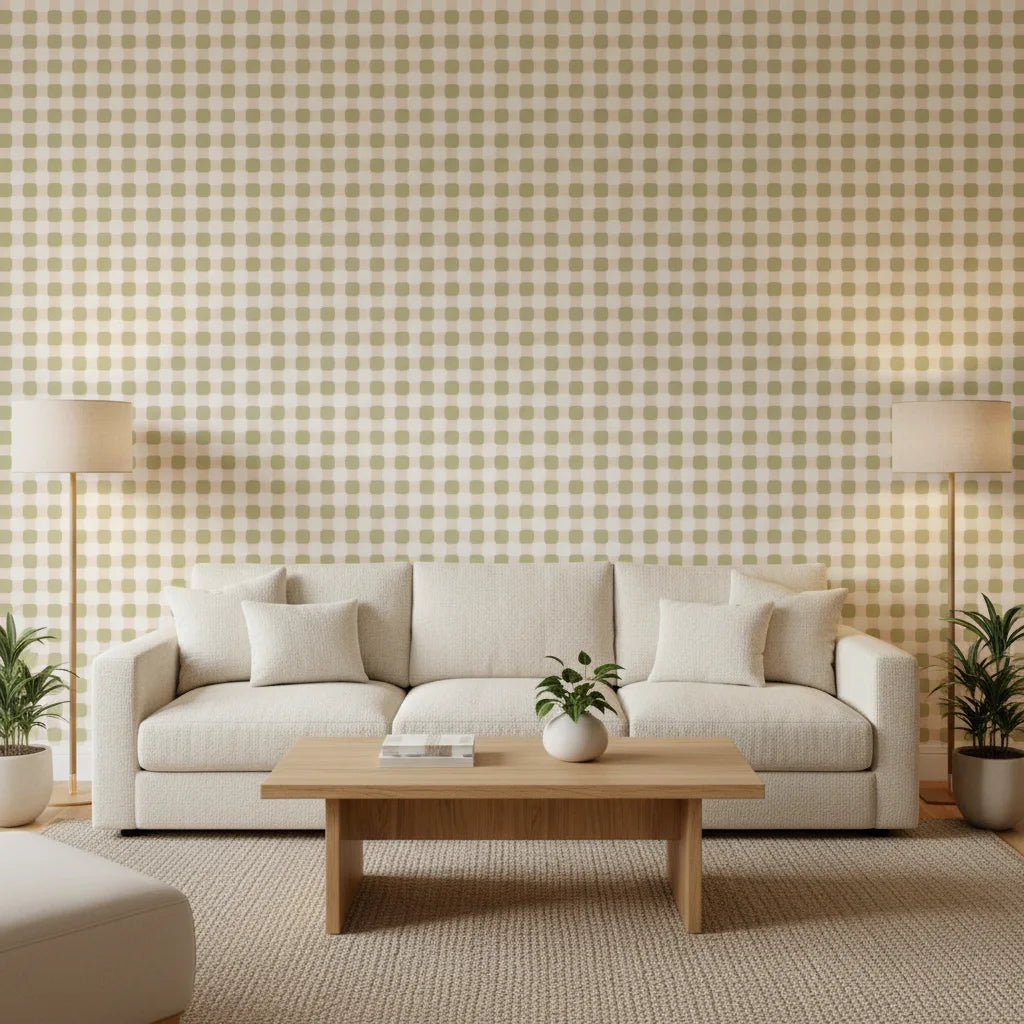 Picnic Reverie olive green checkerboard wallpaper in a warm and inviting living room