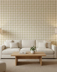 Picnic Reverie olive green checkerboard wallpaper in a warm and inviting living room
