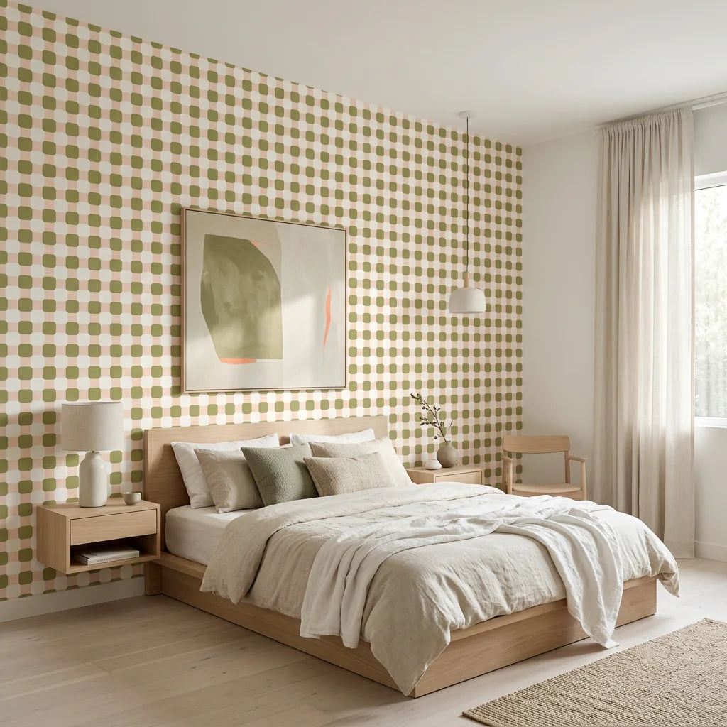 Picnic Reverie olive green checkerboard wallpaper adding character to a cozy bedroom